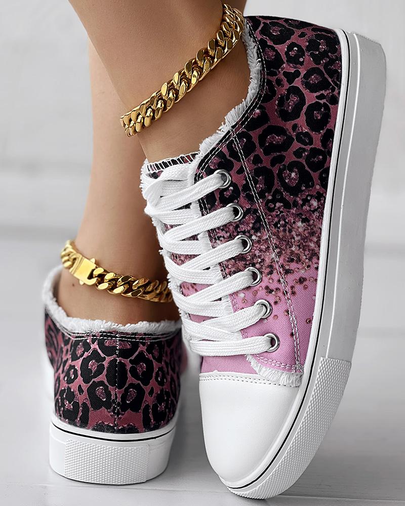 Pink Contrast Leopard Print Raw Hem Canvas Sneakers