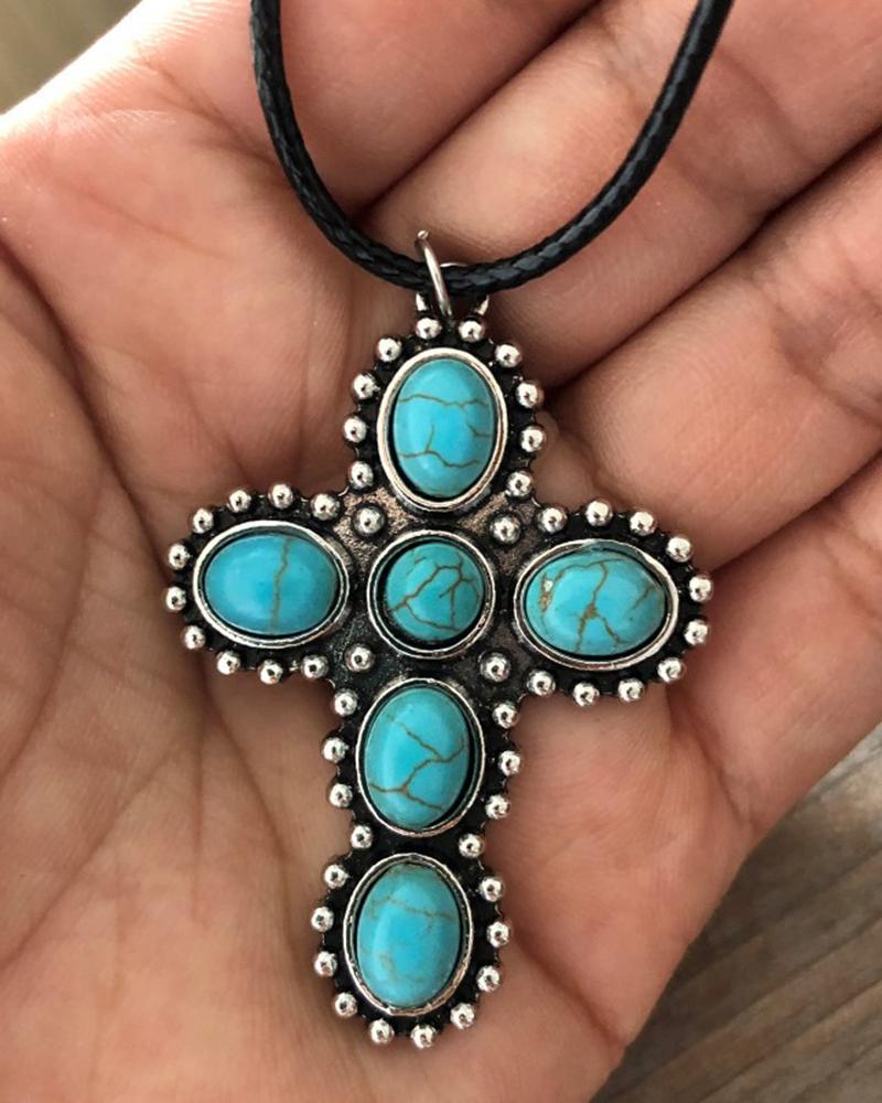 

1pc Turquoise Cross Pendant Necklace, Green