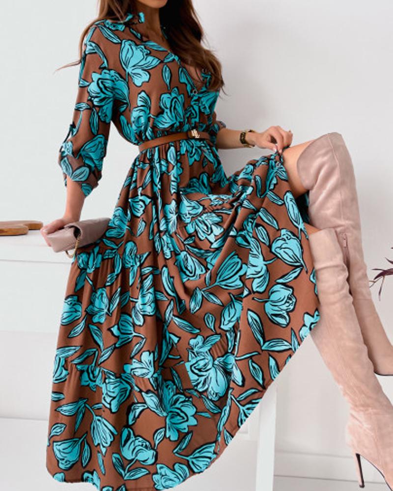 

Plants Print Button Front Belted Shirt Dress, Blue