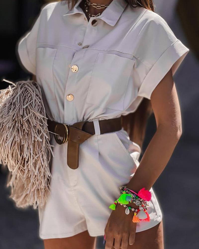 

Pocket Button Design Short Sleeve Romper, Beige