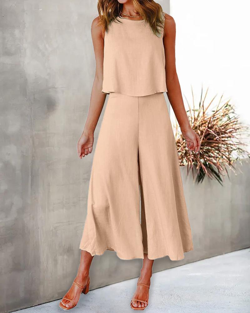 

Sleeveless Round Neck Top & Wide Leg Pants Set, Khaki