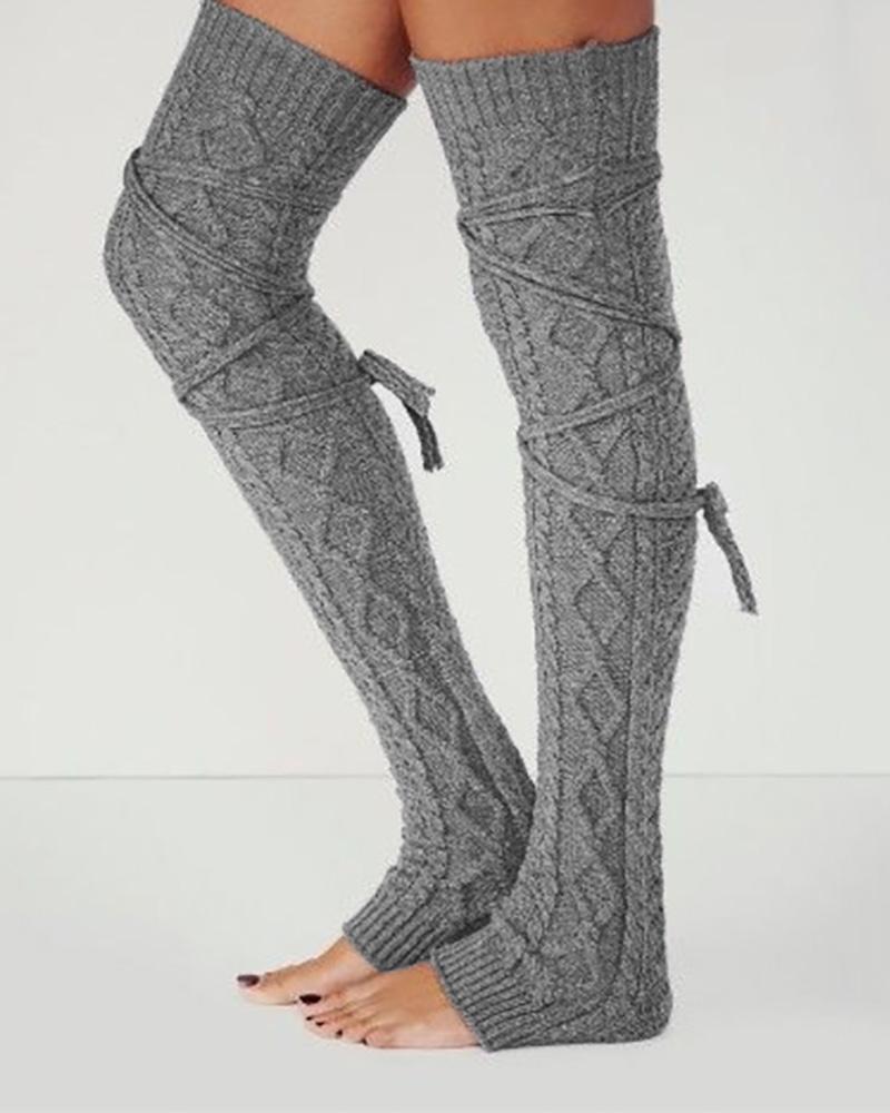 

Braided Hollow Out Knit Lace-up Socks, Gray