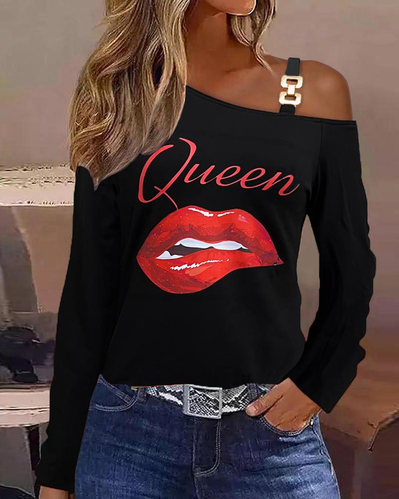 

Lip Letter Print Cold Shoulder Top, Black