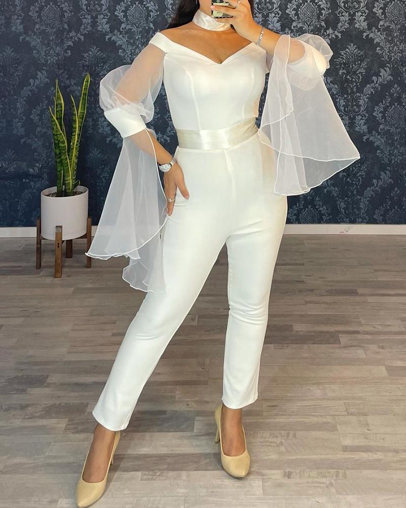 

V Neck Lantern Sleeve Sheer Mesh Patch Jumpsuit, White