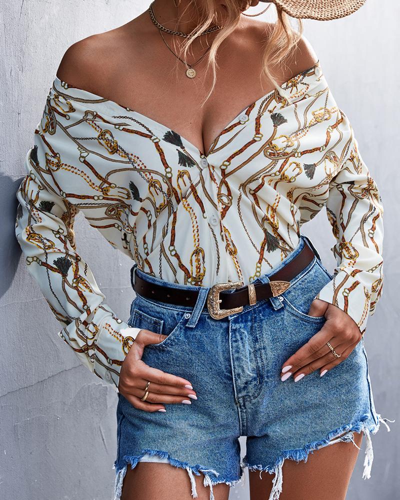 

Chain Scarf Print Long Sleeve Shirt, Apricot