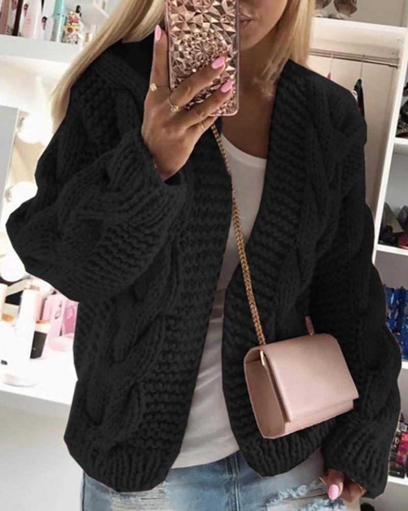 

Long Sleeve Braided Knit Casual Cardigan, Black