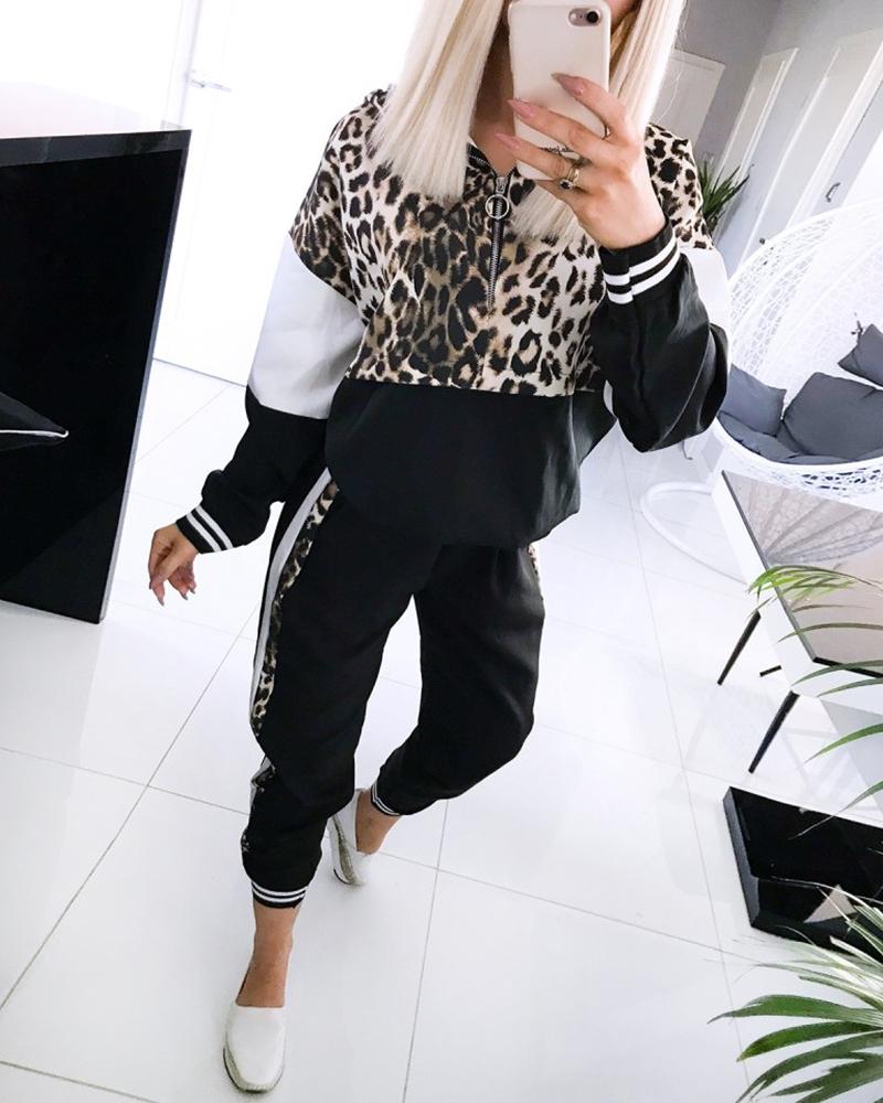 

Zipper Design Colorblock Insert Leopard Striped Top & Pants Sets