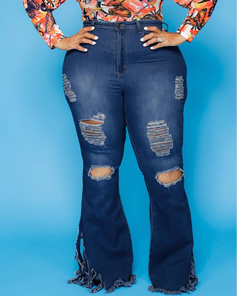 

Plus Size Ripped Fringe Hem Cutout Bootcut Jeans, Dark blue