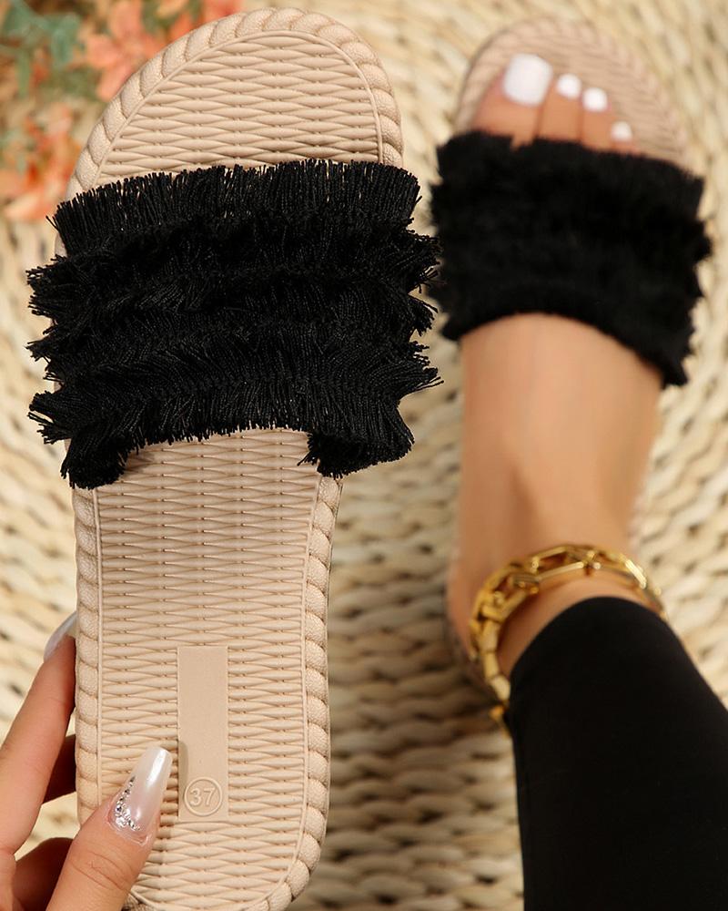 

Fringe Hem Summer Beach Slippers, Black