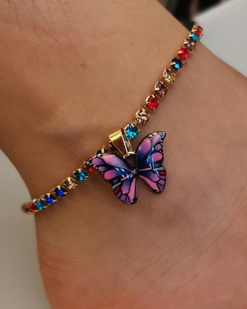 

1pc Colorful Rhinestone Decor Butterfly Pendant Anklet, Purple