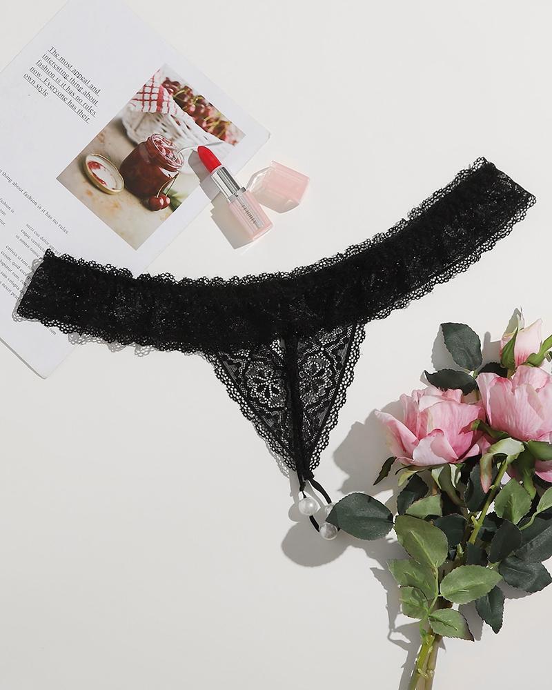 

Plus Size Ruffle Hem Crochet Lace Beaded Panty, Black