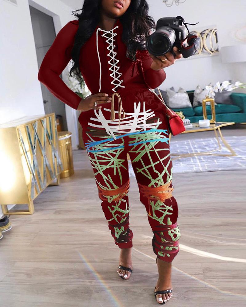 

Abstract Print Eyelet Lace Up Top & Pants Set, Red