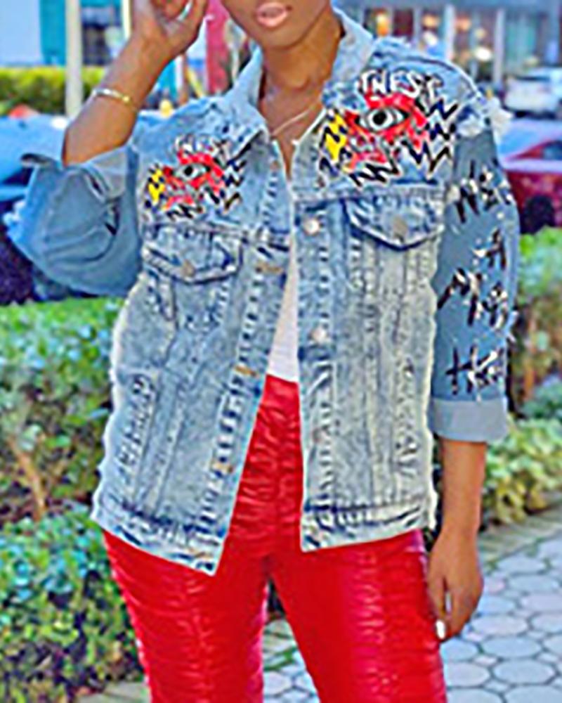 

Graphic Letter Print Buttoned Pocket Design Denim Coat, Blue