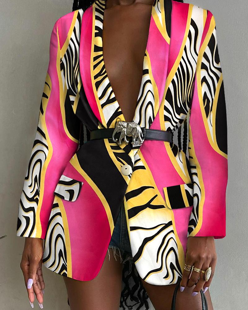 Zebra Stripe Print Shawl Collar Flap Detail Single Button Blazer