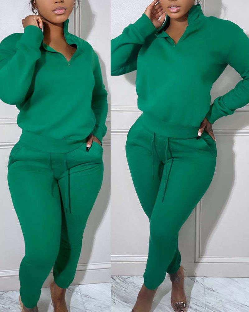 

Long Sleeve Zip Detail Casual Top & Drawstring Pants Set, Green