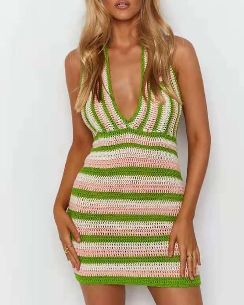 

Halter Hollow Out Colorblock Backless Bodycon Dress, Green
