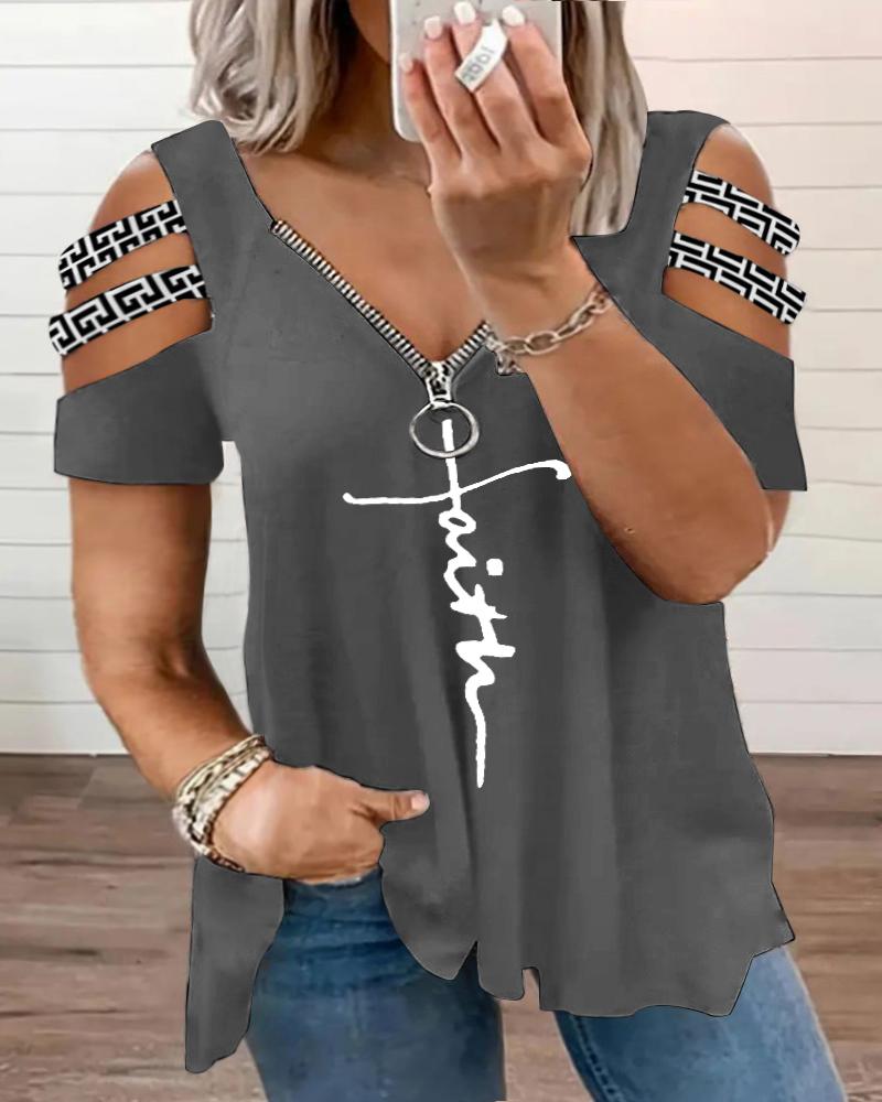 

Plus Size Faith Geometric Print Cutout Zipper Design T-Shirt, Gray