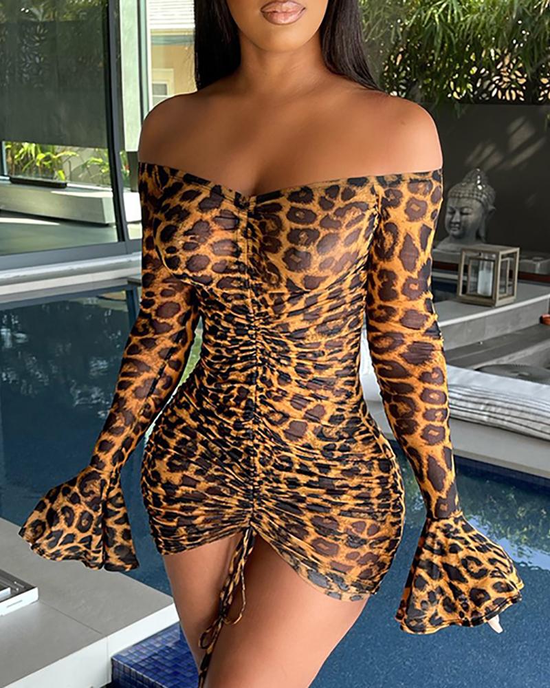 

Leopard / Letter Print Bell Sleeve Drawstring Bodycon Dress