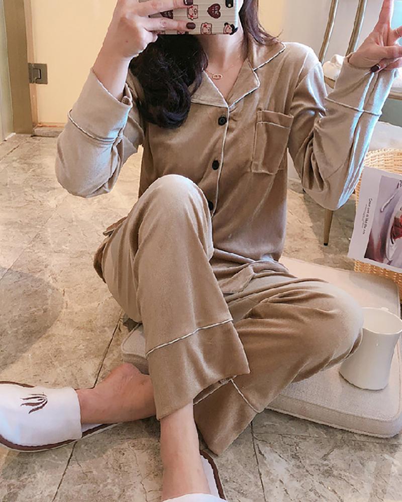 

Plain Pocket Design Pajamas Set, Khaki