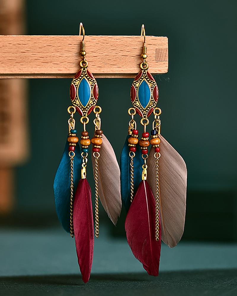 1Pair Retro Feather Beaded Bohemian Drop Earring