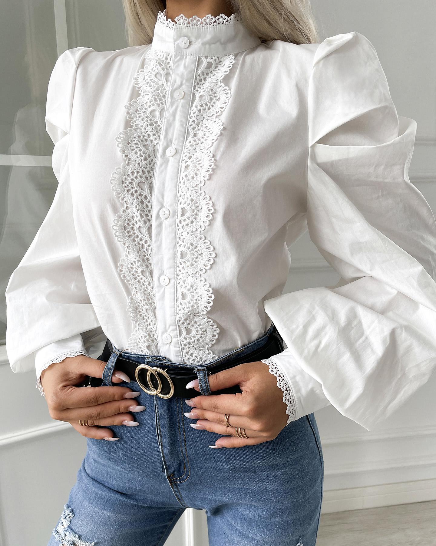 

Puff Sleeve Lace Patch Buttoned Top, White