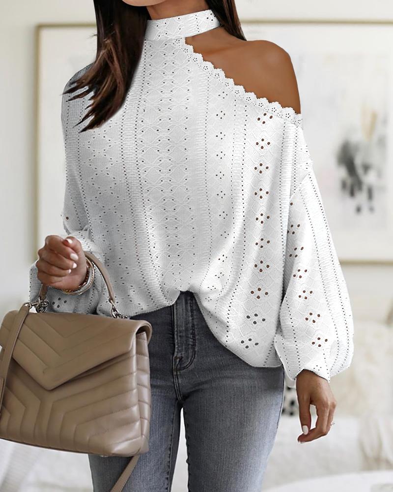 

Eyelet Embroidery Cold Shoulder Lantern Sleeve Top, White