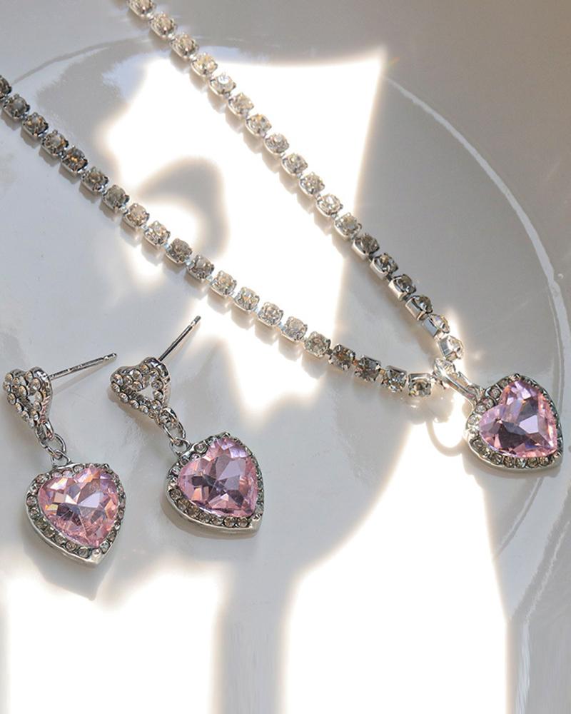 

2pcs Rhinestone Zircon Heart Pendant Necklace & Drop Earrings Jewelry Set, Pink