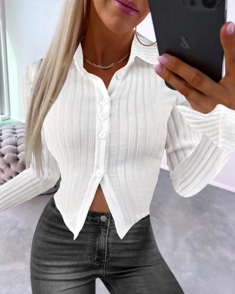 

Long Sleeve Turn-down Collar Buttoned Ribbed Top, White