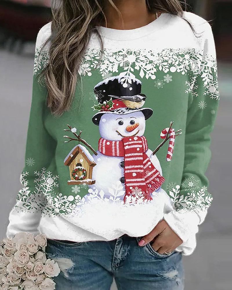 

Christmas Snowflake Snowman Print Long Sleeve Top, Green