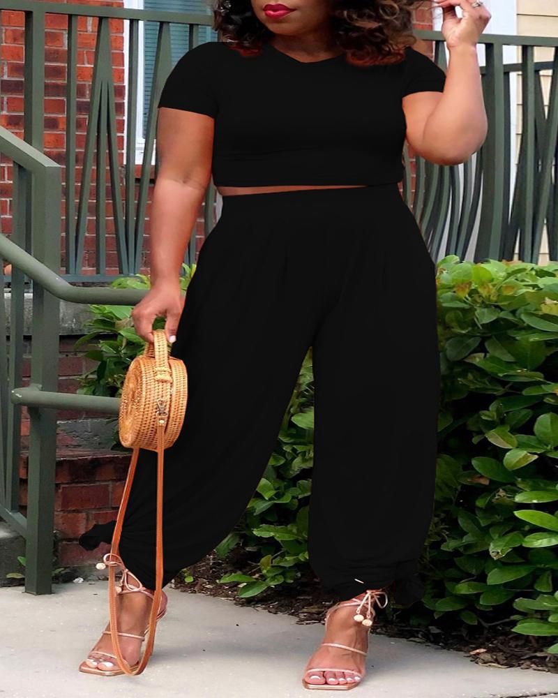 

Plus Size Casual Crop Top & High Waist Pants Set, Black