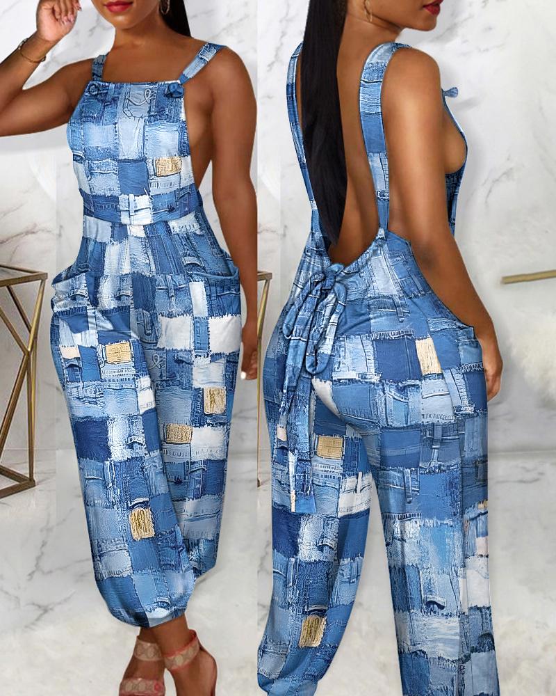 

Denim Look Print Backless Suspender Jumpsuit, Blue
