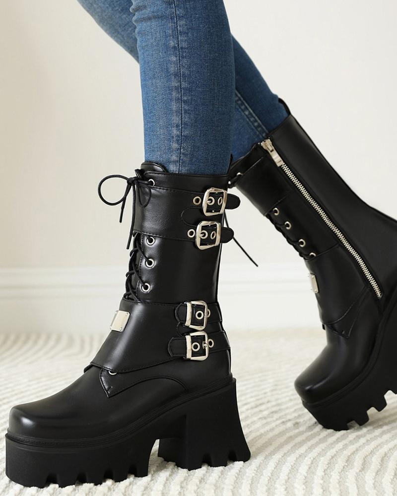 

Square Toe Lace-up Double-covered Platform Motorcycle Boots, Black