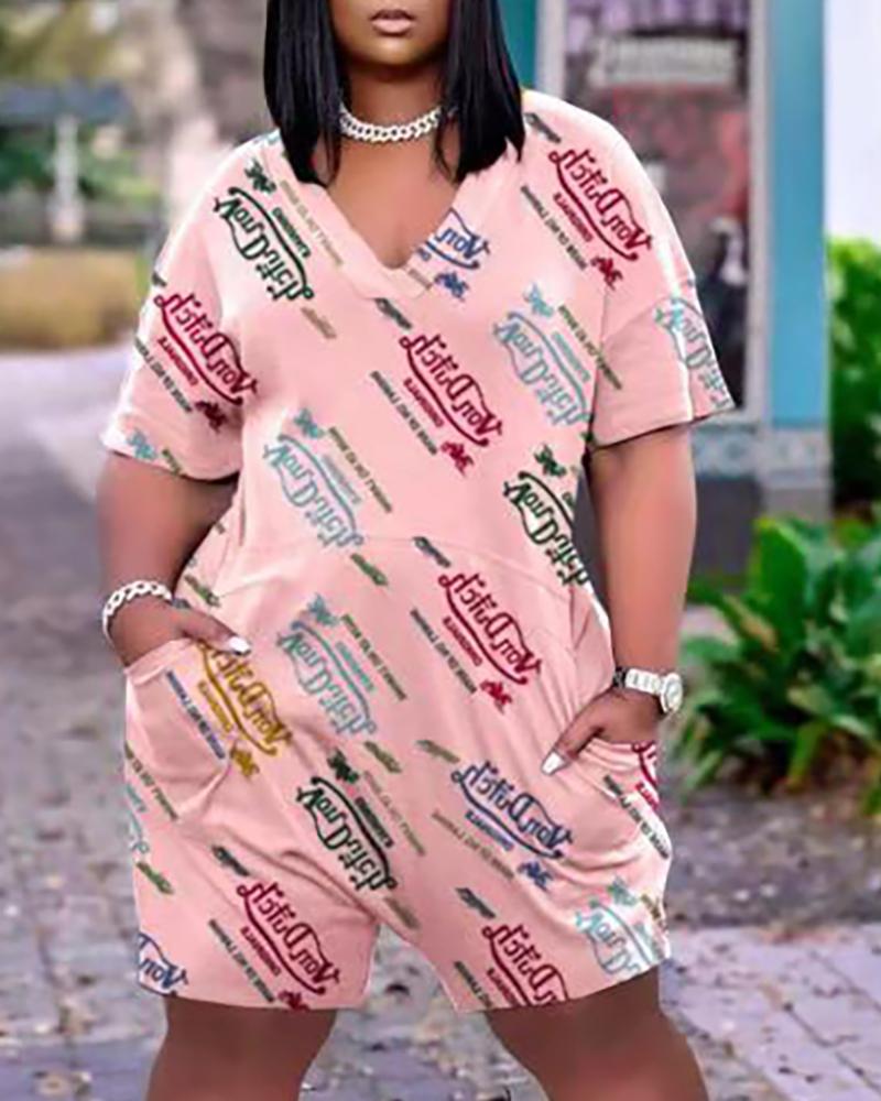 

Letter Print Pocket Design Short Sleeve Romper, Pink