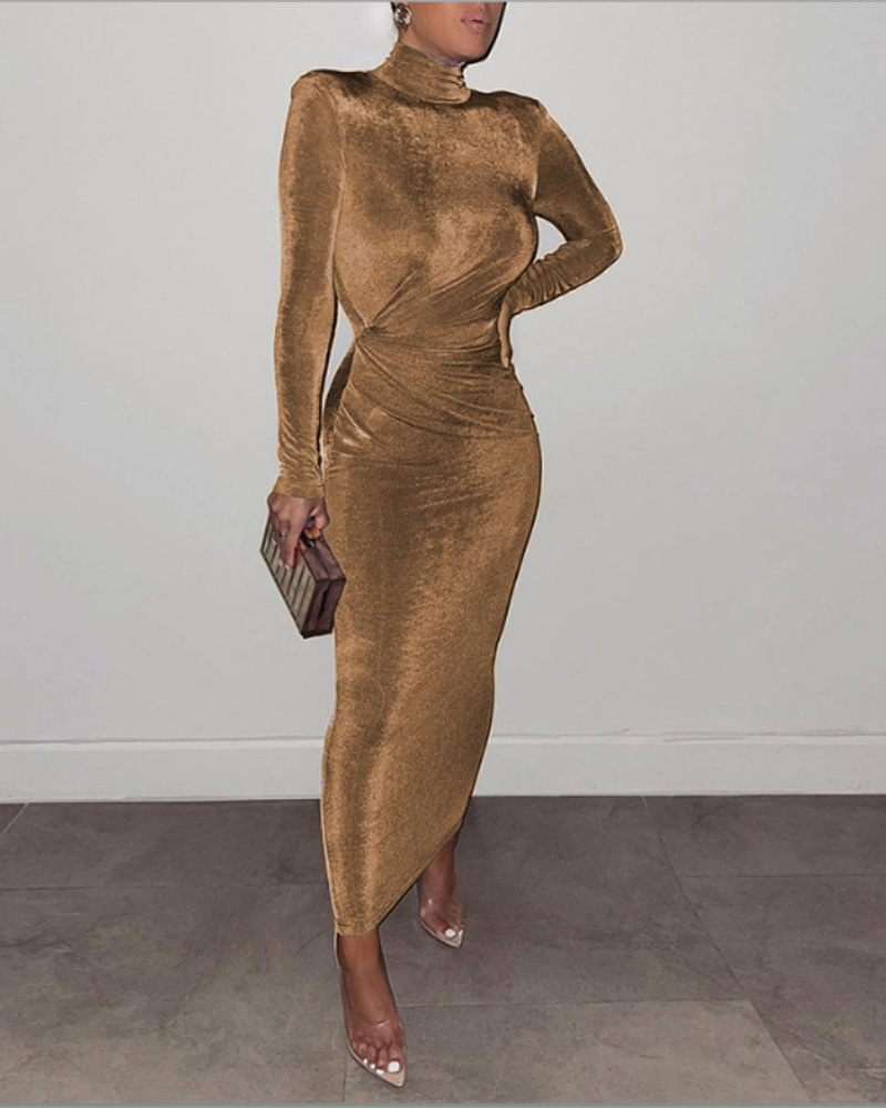 

Shoulder Pad Long Sleeve Ruched Skinny Maxi Dress, Gold