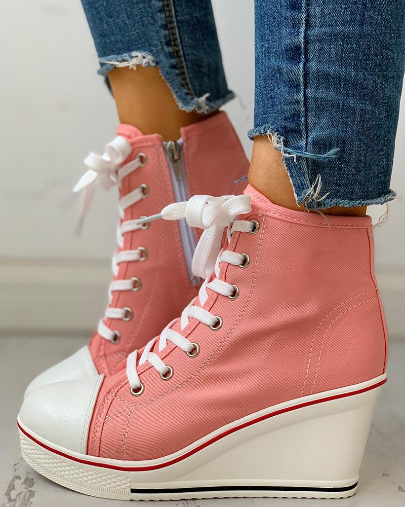 Eyelet Lace-Up Platform Wedge Sneakers