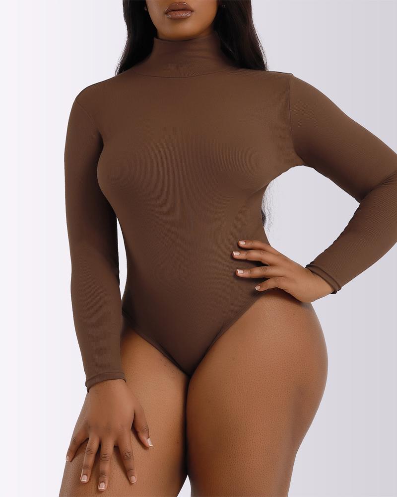 

Long Sleeve High Neck Skinny Bodysuit, Brown