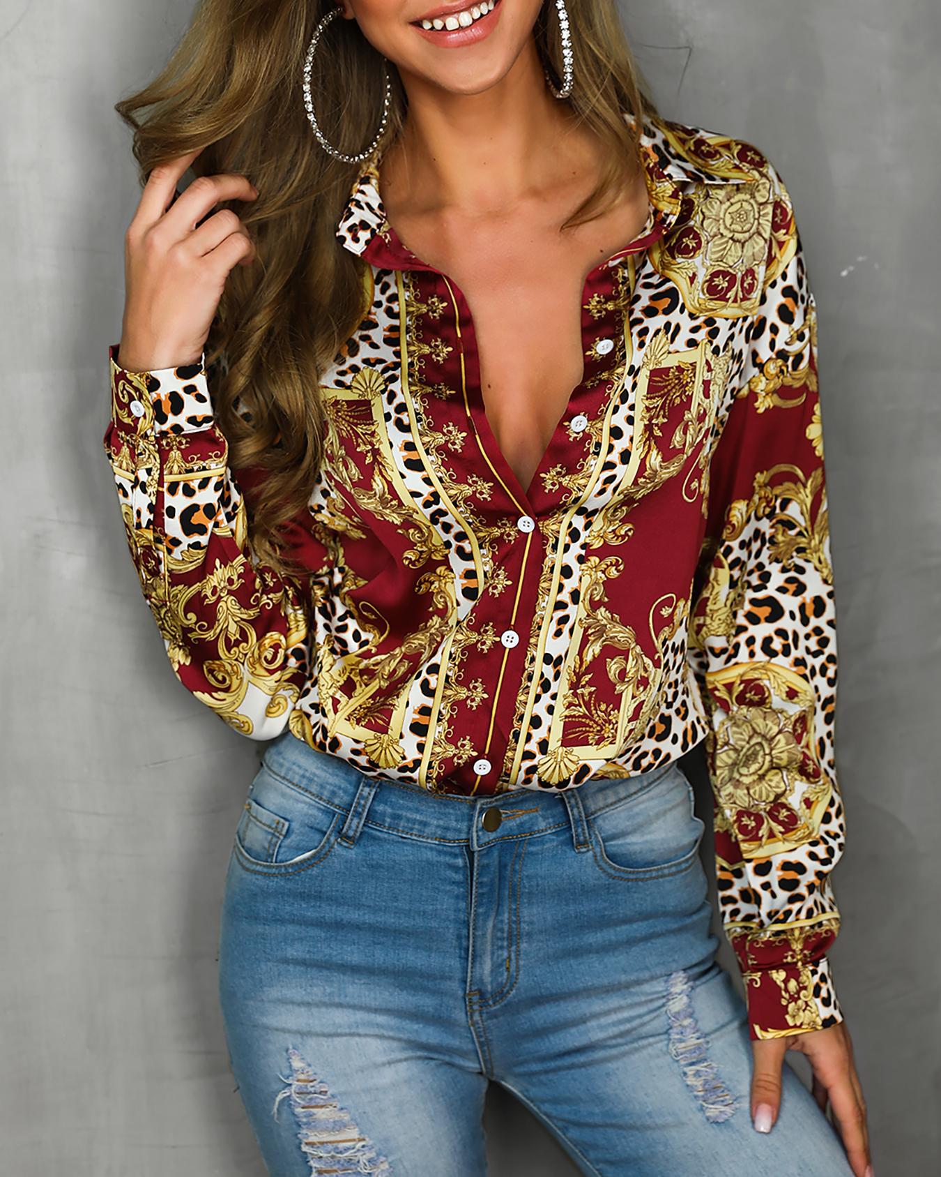 

Baroque Cheetah Print Button Up Long Sleeve Top, Yellow
