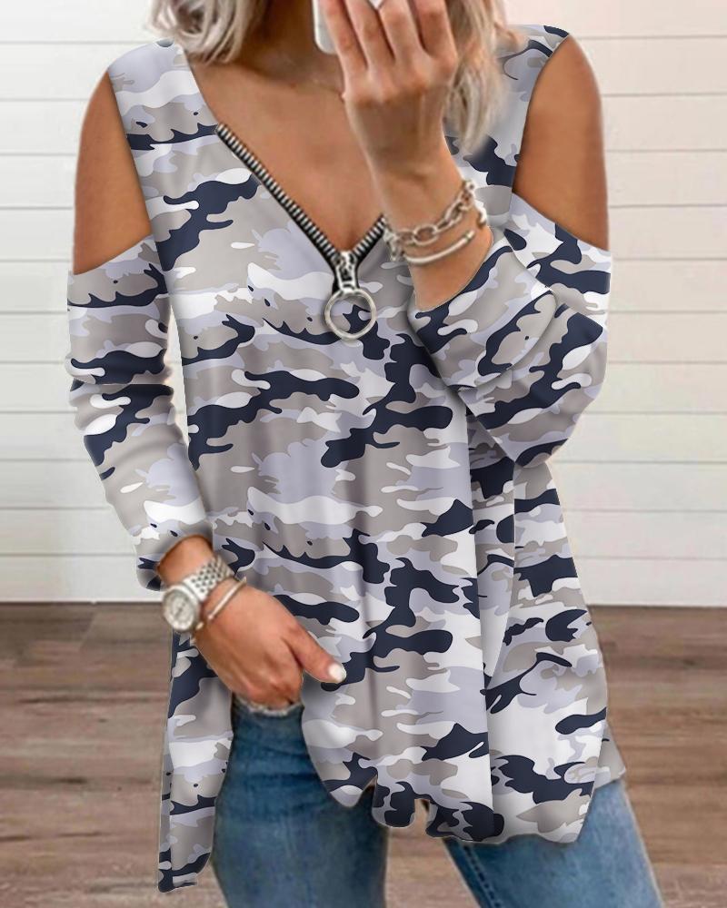 

Camouflage Print Zipper Design Cutout Long Sleeve Top, Camoflage
