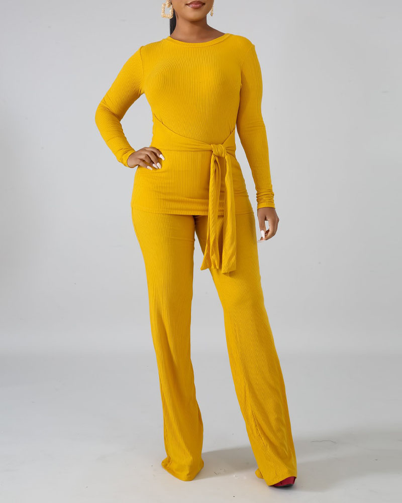 

Ribbed Long Sleeve Tie Front Top & Bootcut Pants Set, Yellow