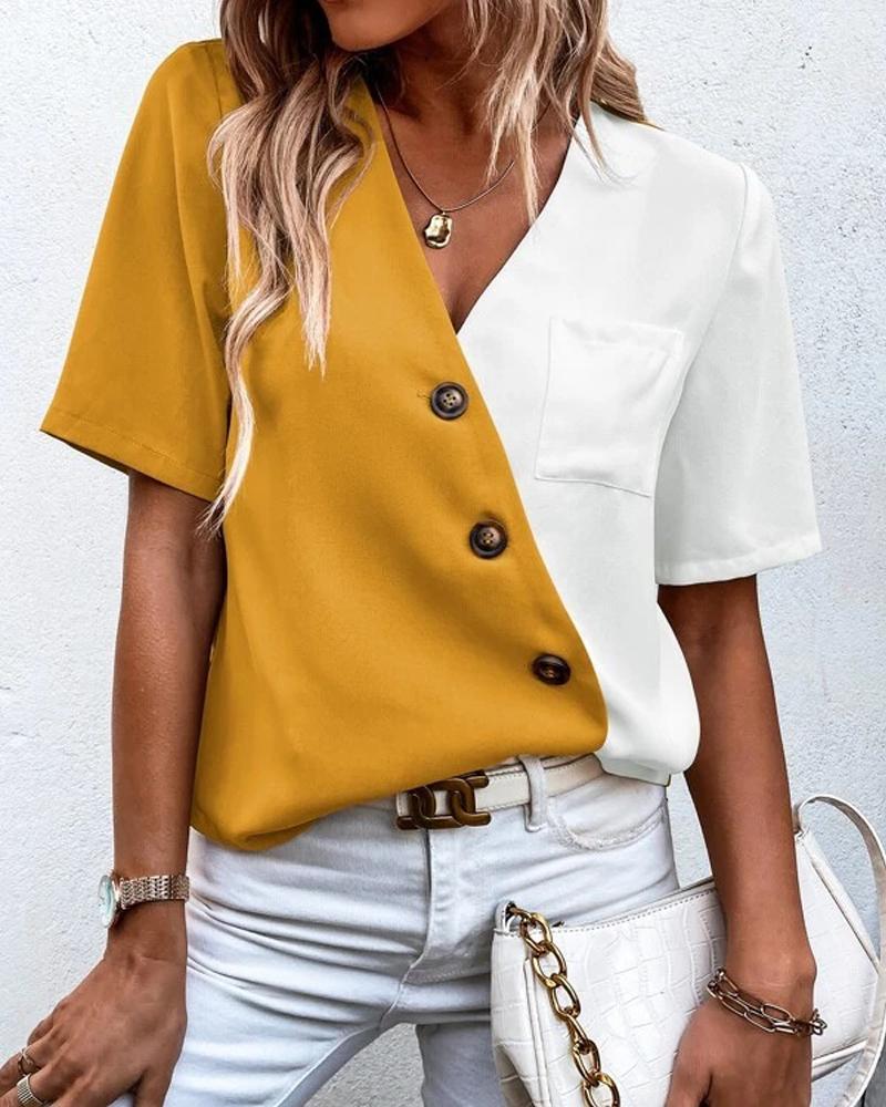 

Button Pocket Design V-Neck Blouse, Yellow