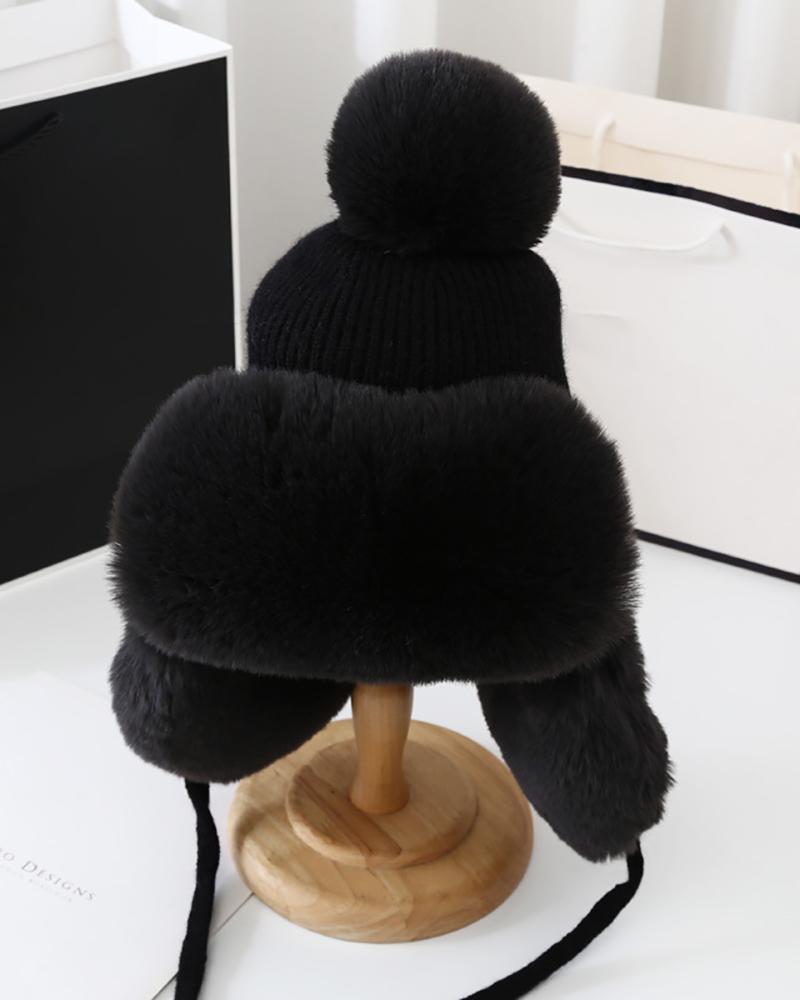 

Pom Pom Decor Ear Protection Fluffy Lei Feng Hat, Black