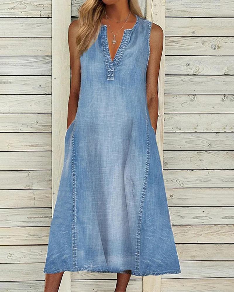 

Sleeveless Pocket Detail Casual Denim Dress, Blue
