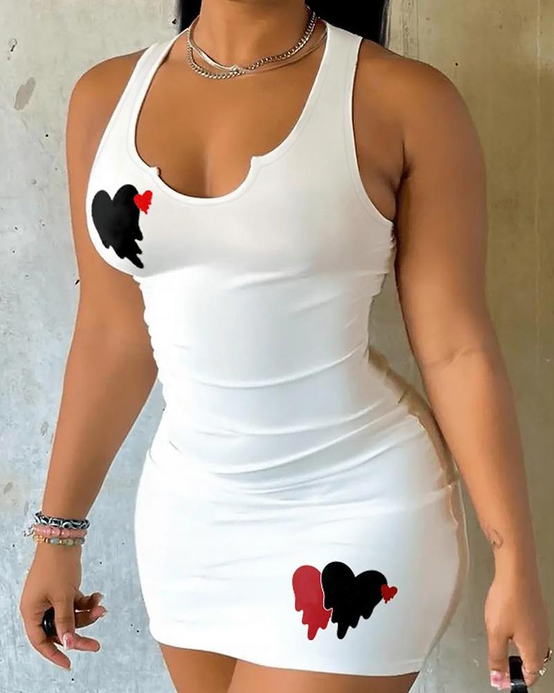 

Melting Heart Print Notch Neck Bodycon Dress, White