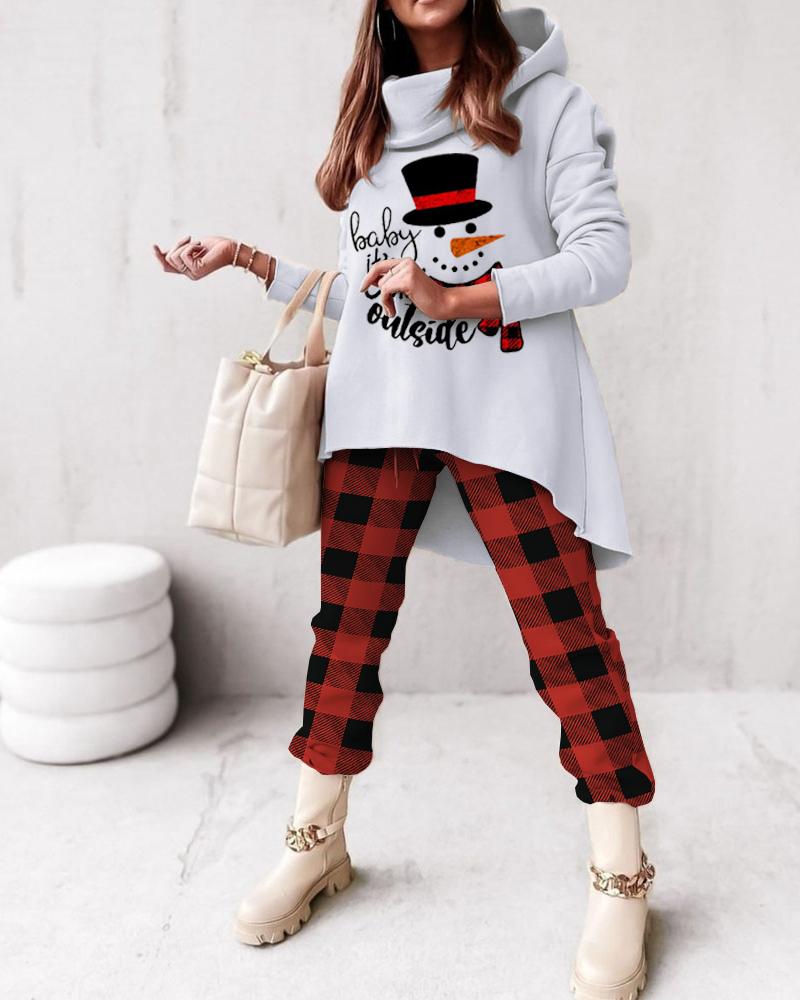 

Christmas Letter Graphic Print Hoodie & Plaid Print Pants Set, Red