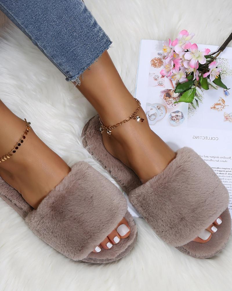 

Round Toe Fuzzy Casual Slippers, Gray