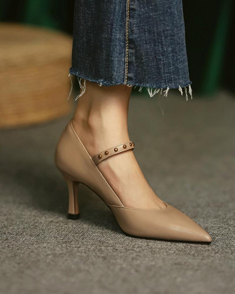 

Studded Strap Pointed Toe High Heels, Khaki