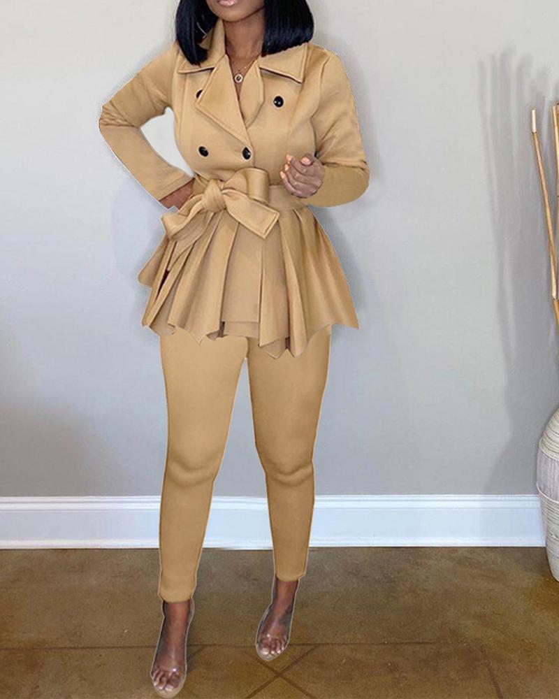 

Long Sleeve Double Breasted Belted Coat & Pants Set, Khaki