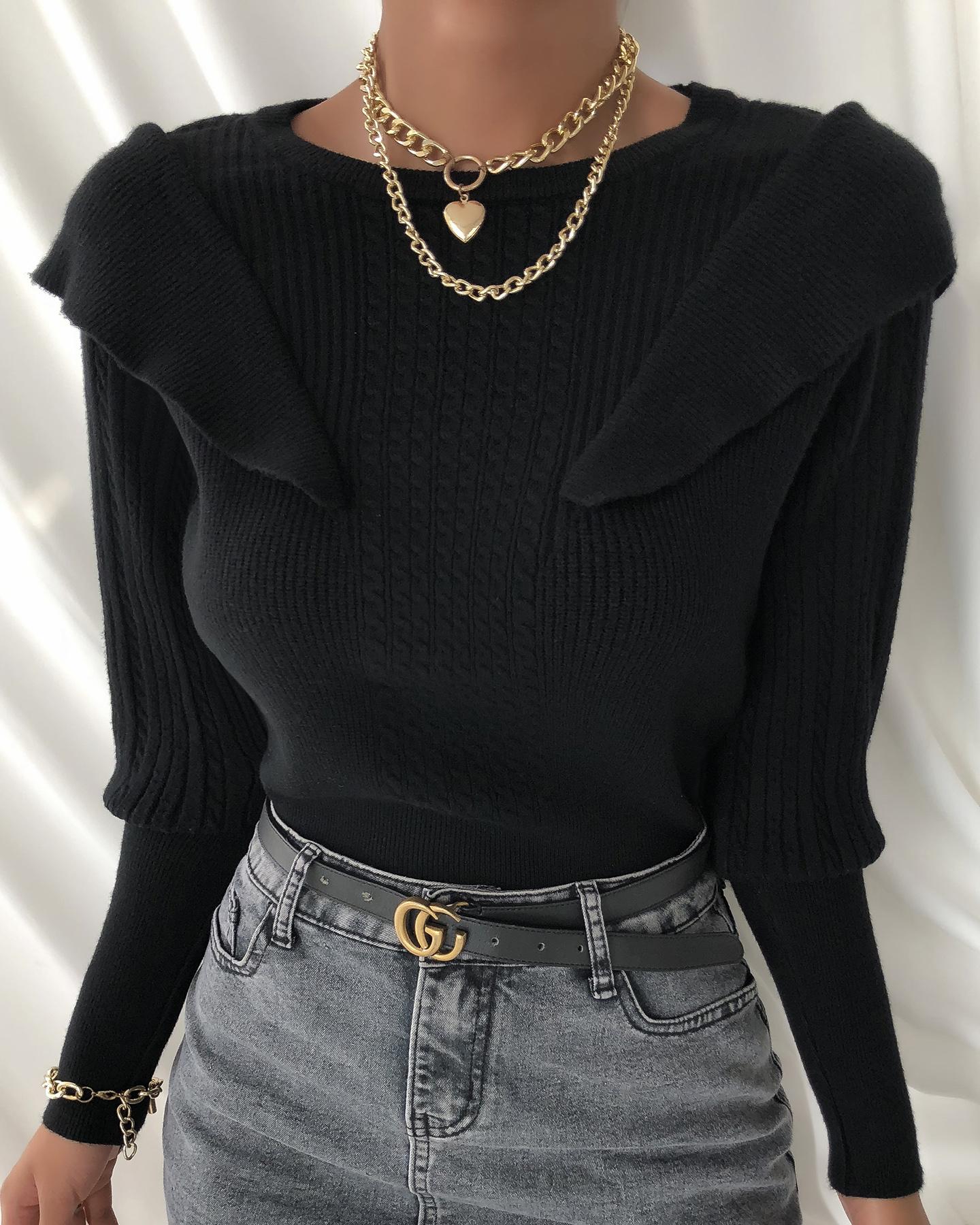 

Ruffles Long Sleeve Knit Top, Black