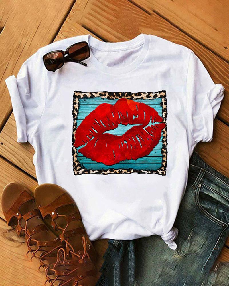 

Plus Size Valentine's Day Lip Print Casual T-shirt, White