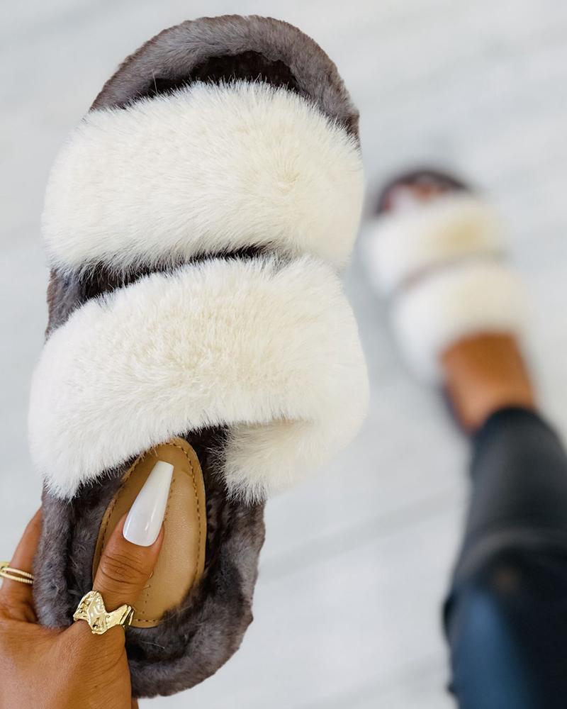 

Double Band Fluffy Peep Toe Slipper, White